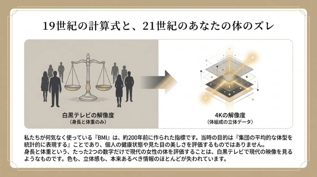 BMIは集団の平均を表す統計指標であり、個人の見た目を評価する設計ではありません。