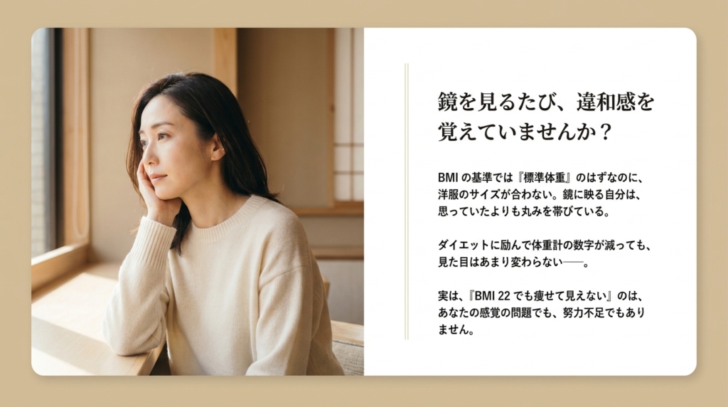 BMI 22なのに痩せて見えない違和感を抱える日本人女性のイメージ