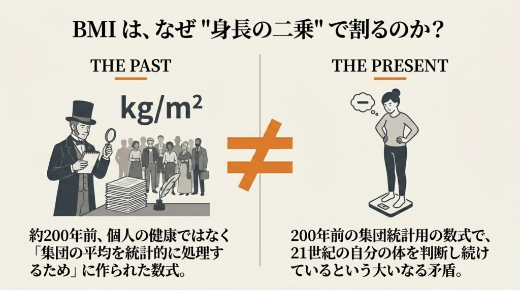200年前の集団統計用の数式で、
21世紀の自分の体を判断し続けているという矛盾。