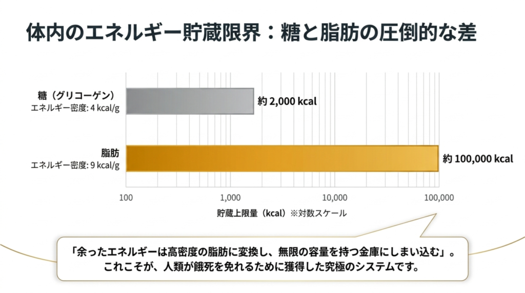 糖と脂肪の体内のエネルギー貯蔵限界の差を示すグラフ