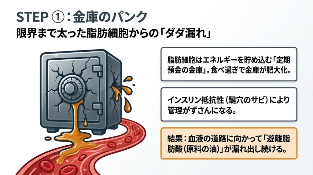 肥大化した脂肪細胞から遊離脂肪酸が漏れ出すメカニズム
