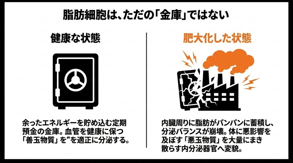 肥大化した脂肪細胞から悪玉物質が分泌されるイメージ