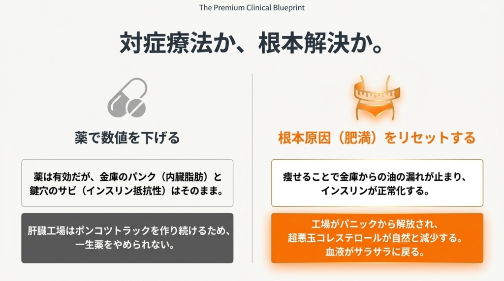 薬による対症療法と医療痩身による根本解決の比較