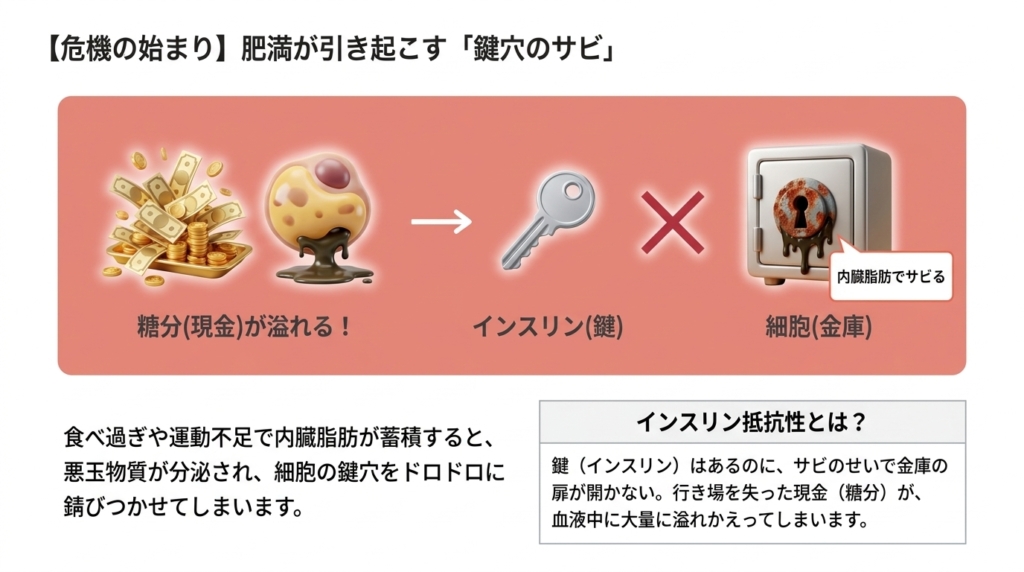 内臓脂肪の蓄積によるインスリン抵抗性と錆びついた鍵穴