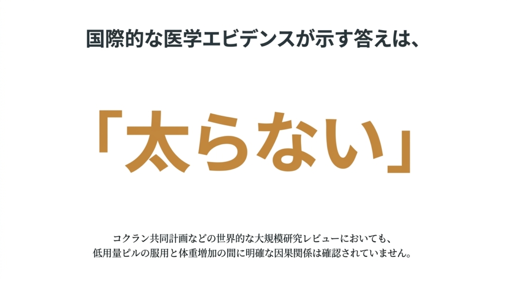 国際的な医学エビデンスが示す答えは「太らない」──コクラン共同計画などの世界的な大規模研究レビューでも、低用量ピルと体重増加に明確な因果関係は確認されていない