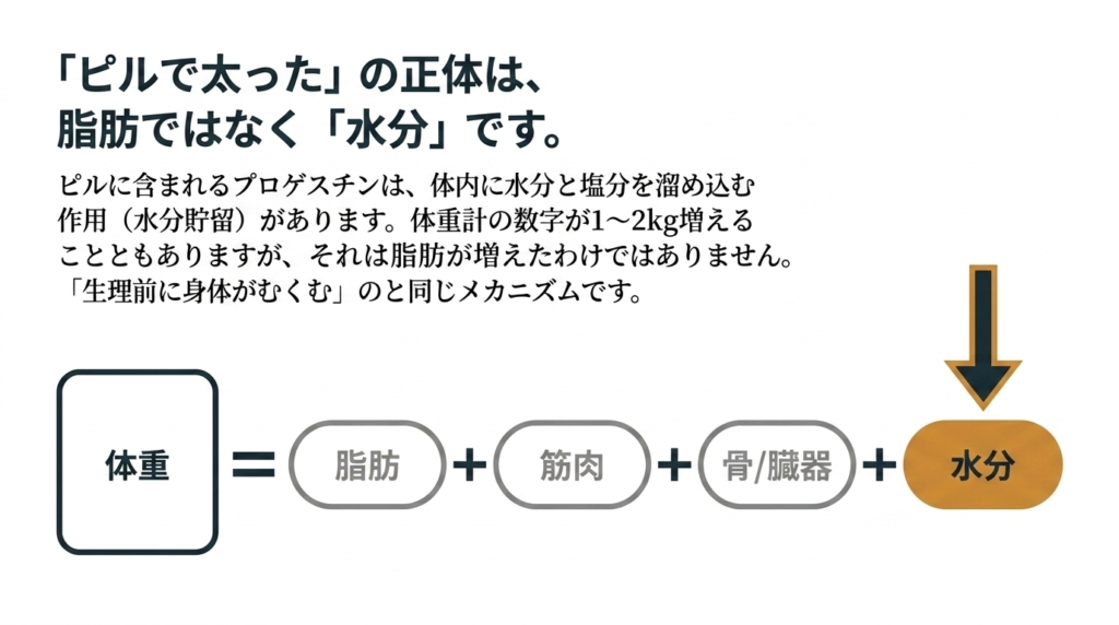 「ピルで太った」の正体は脂肪ではなく「水分」──プロゲスチンによる水分貯留で体重計の数字は1〜2kg増えるが、脂肪は増えていない