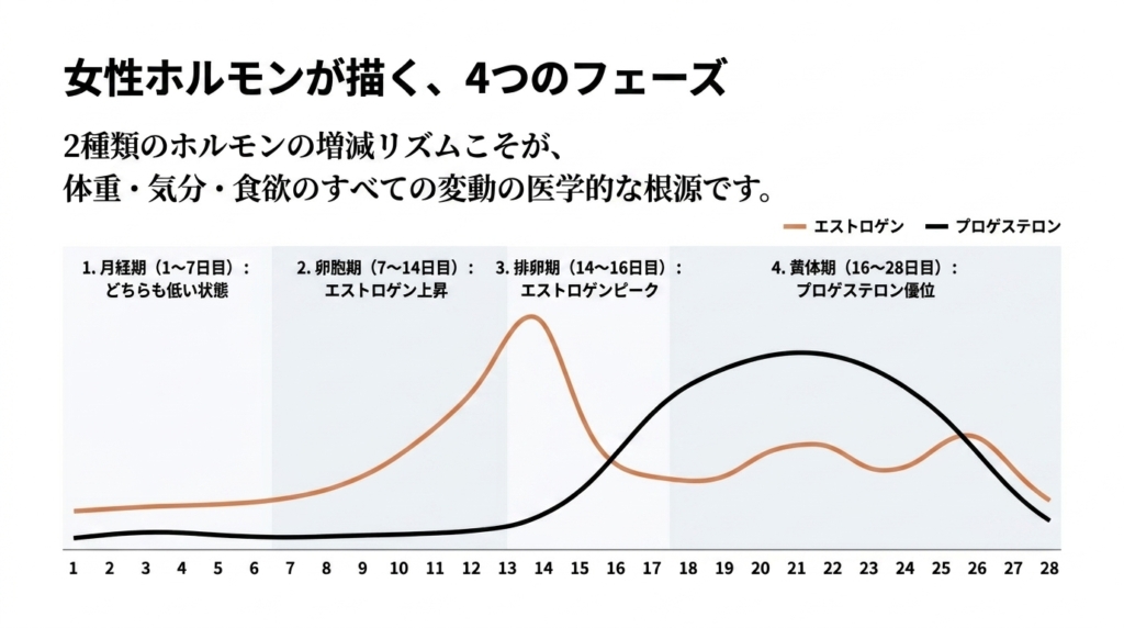女性ホルモンが描く4つのフェーズ──エストロゲンとプロゲステロンが28日周期で描く変動(月経期・卵胞期・排卵期・黄体期)