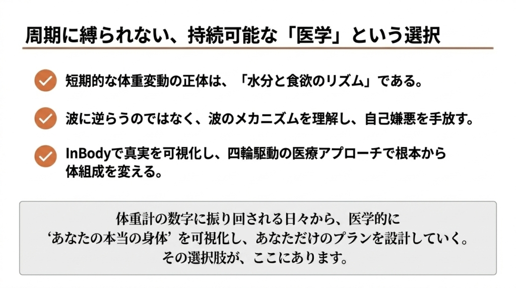 周期に縛られない持続可能な「医学」という選択──水分と食欲のリズム理解、自己嫌悪の手放し、InBody可視化と四輪駆動アプローチ