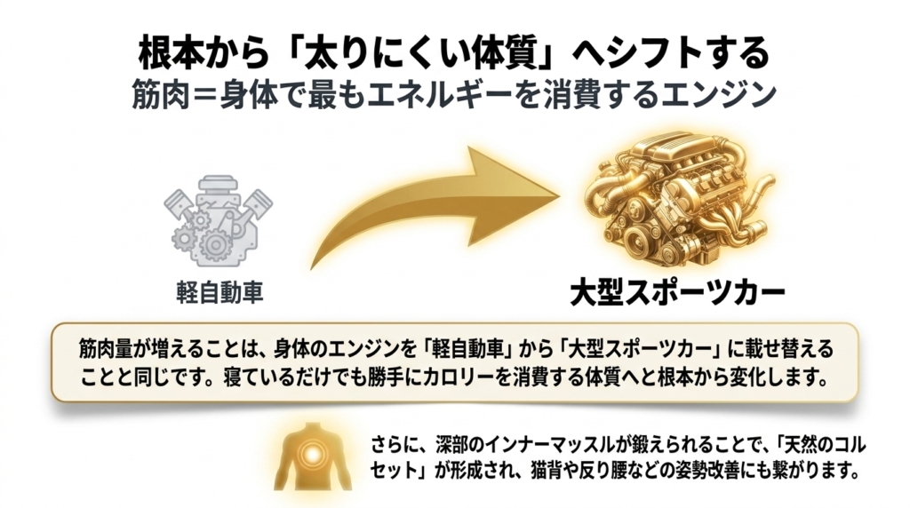 筋肉量を増やし身体のエンジンを大型スポーツカーに載せ替える