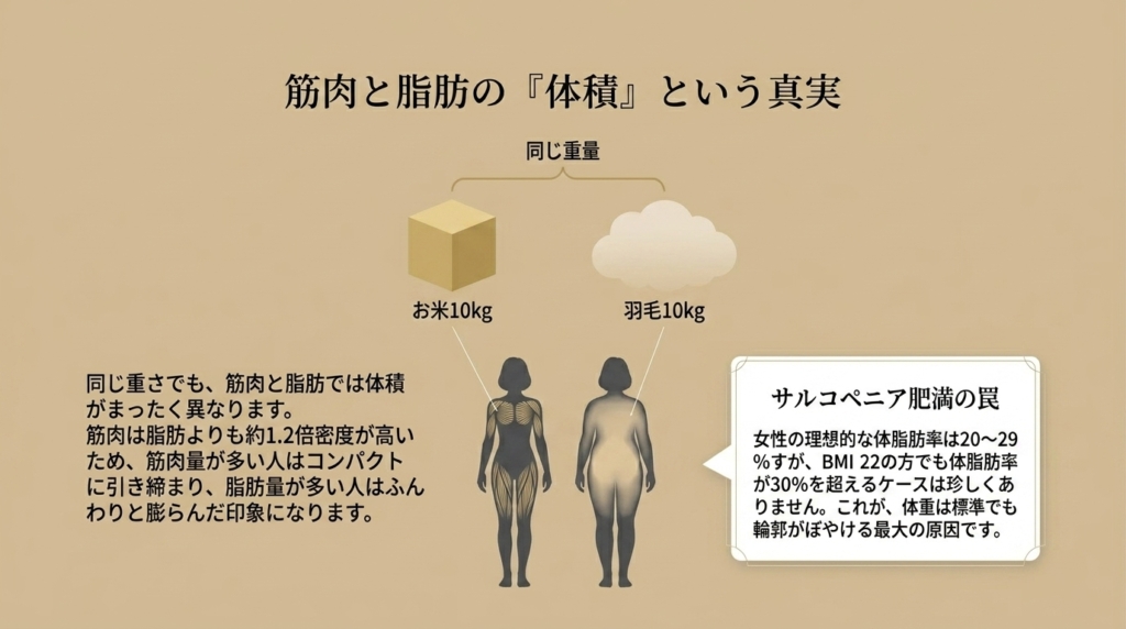 筋肉は脂肪より約1.2倍密度が高く、同じ重さでも見た目の輪郭が大きく変わります。