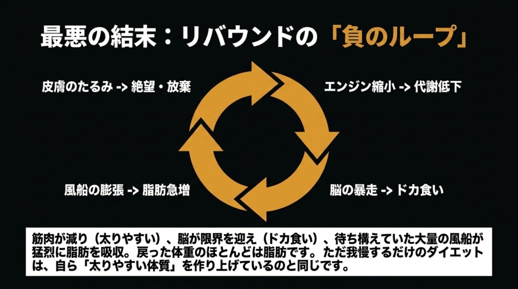 筋肉低下、脳の限界、風船の吸収、絶望によるリバウンドのループ