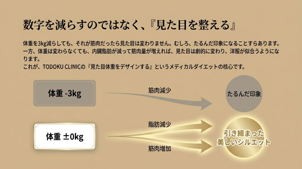 体重±0kgでも、脂肪が減って筋肉が増えれば、見た目は劇的に変わります。