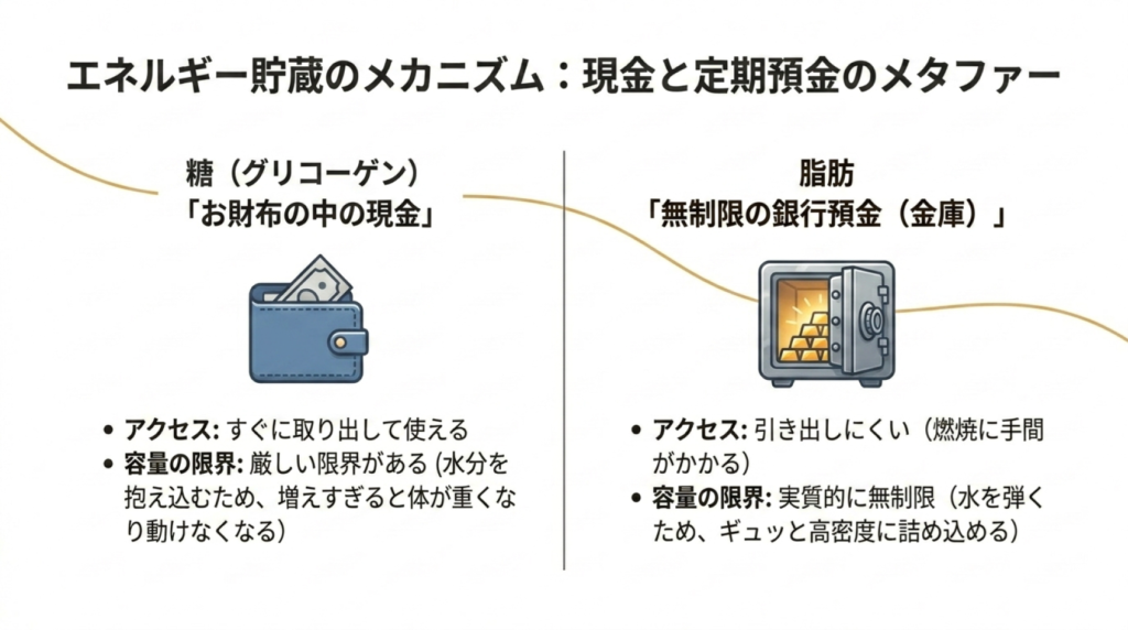 糖を現金、脂肪を定期預金に例えたエネルギー貯蔵の図解