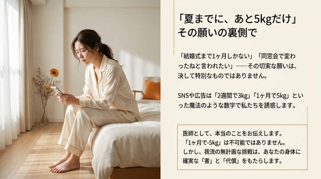 「1ヶ月で5kg」と検索しながら物思いにふける20代後半女性