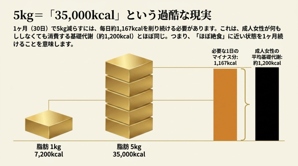 5kg減量に必要な35,000kcal、1日あたり1,167kcalの収支赤字を示す医学的グラフ