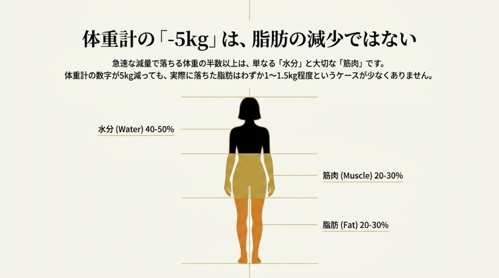 急速減量で実際に減るのは水分40-50%、筋肉20-30%、脂肪20-30%という内訳図