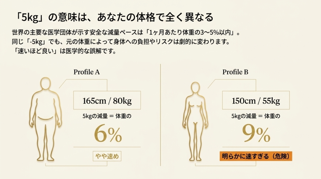 体格別「5kgの意味」の違い:165cm/80kgは体重の6%、150cm/55kgは9%(危険水域)