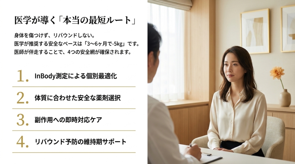 医師伴走による医療痩身の4つの安全網と、診察を受ける30代女性