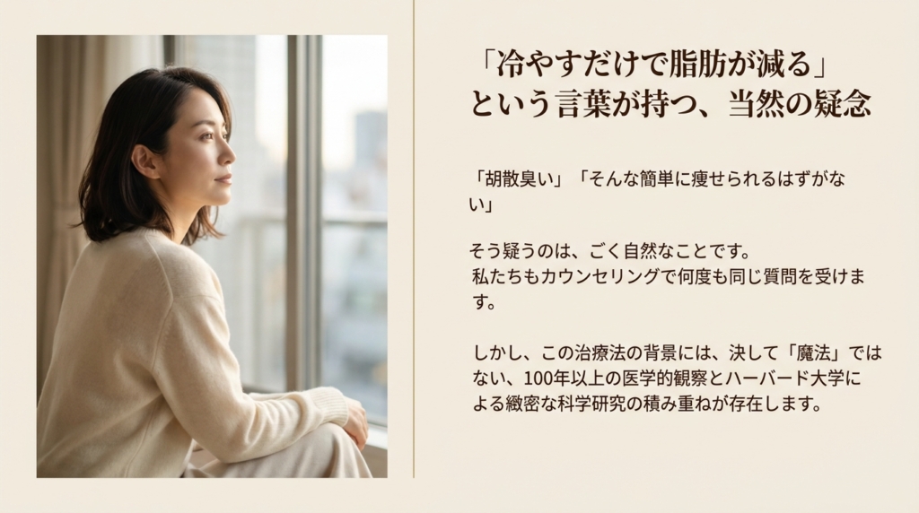 「冷やすだけで脂肪が減る」という言葉に疑念を抱く女性の様子