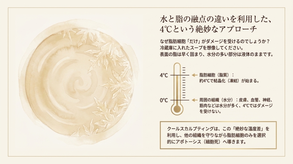 脂肪細胞は4℃で結晶化、周囲組織は無傷というクールスカルプティングの温度差メカニズム