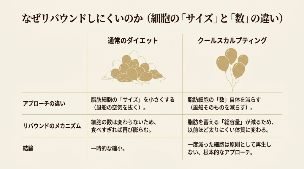 通常のダイエットとクールスカルプティングの違い：細胞のサイズと数の比較表