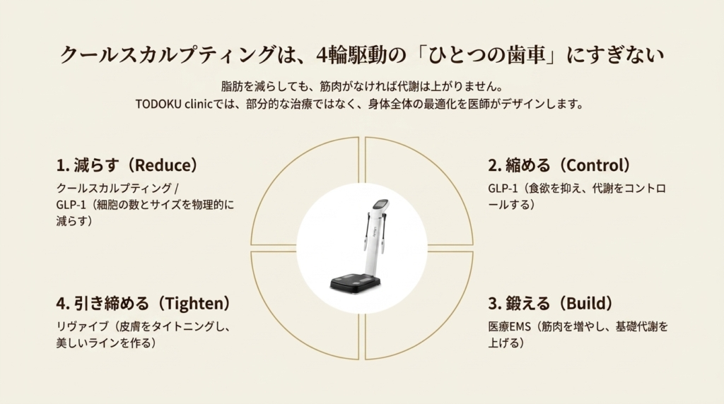 クールスカルプティングを含むTODOKU CLINICの4輪駆動アプローチ：減らす・縮める・鍛える・引き締める