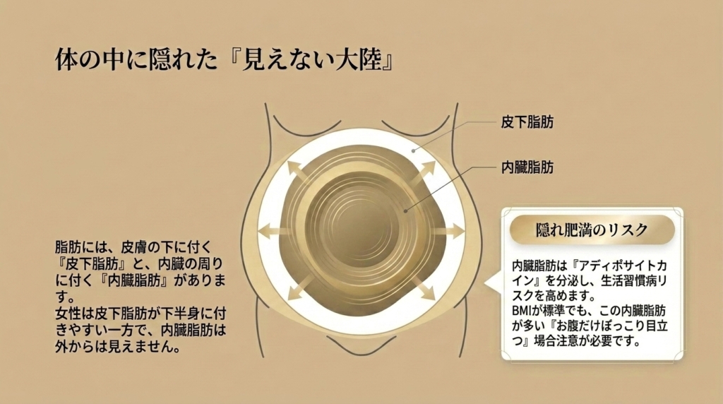 内臓脂肪はアディポサイトカインを分泌し、生活習慣病リスクに関わる脂肪です。