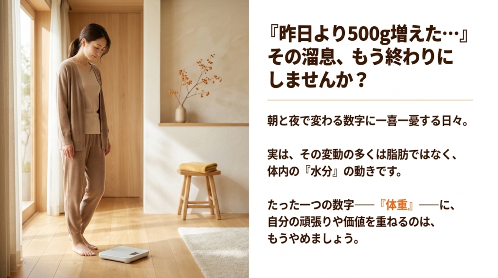 朝に体重計の前で浮かない表情で立つ女性。体重の数字に一喜一憂する日々のイメージ