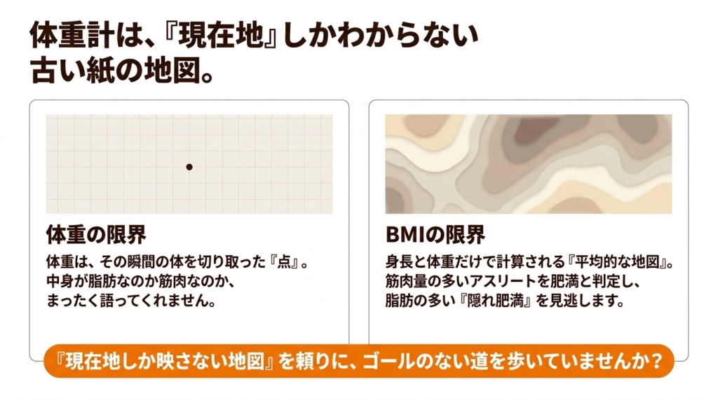 体重計は現在地しかわからない古い紙の地図。体重とBMIそれぞれの限界を示す図解