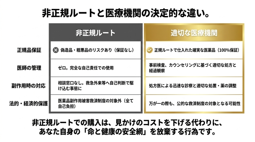 非正規ルートと適切な医療機関の比較表。正規品保証・医師の管理・副作用時の対応・法的経済的保護の違い
