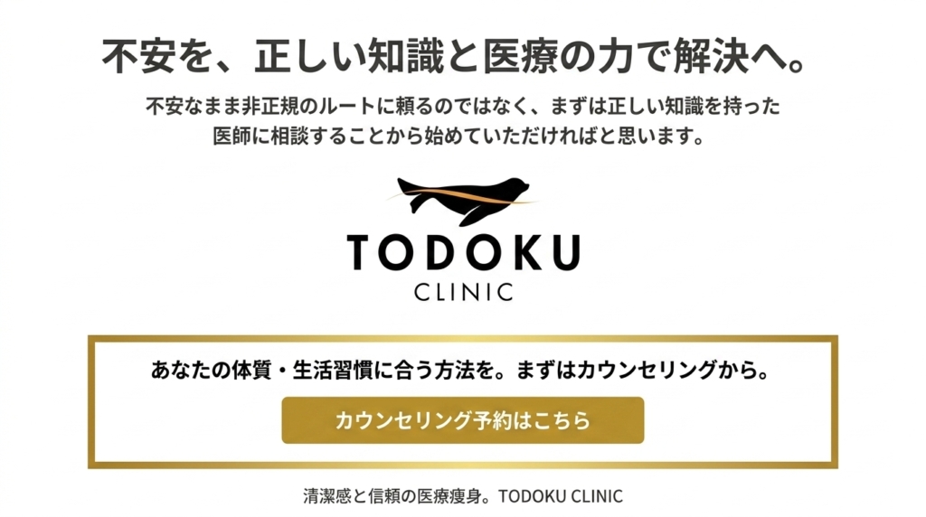 TODOKU CLINICの医療痩身の流れ。InBody体成分分析・医師のカウンセリング・適切と判断した場合のみの処方
