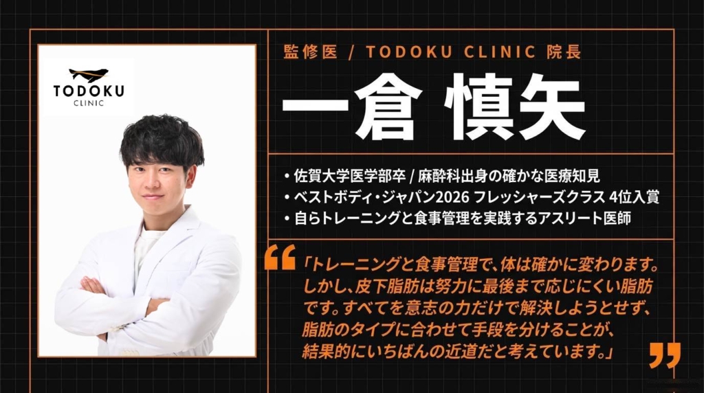 監修医・TODOKU CLINIC院長 一倉慎矢。佐賀大学医学部卒、ベストボディ・ジャパン2026 茨城・水戸大会 ベストボディ部門 フレッシャーズクラス4位入賞。自らトレーニングと食事管理を実践する医師