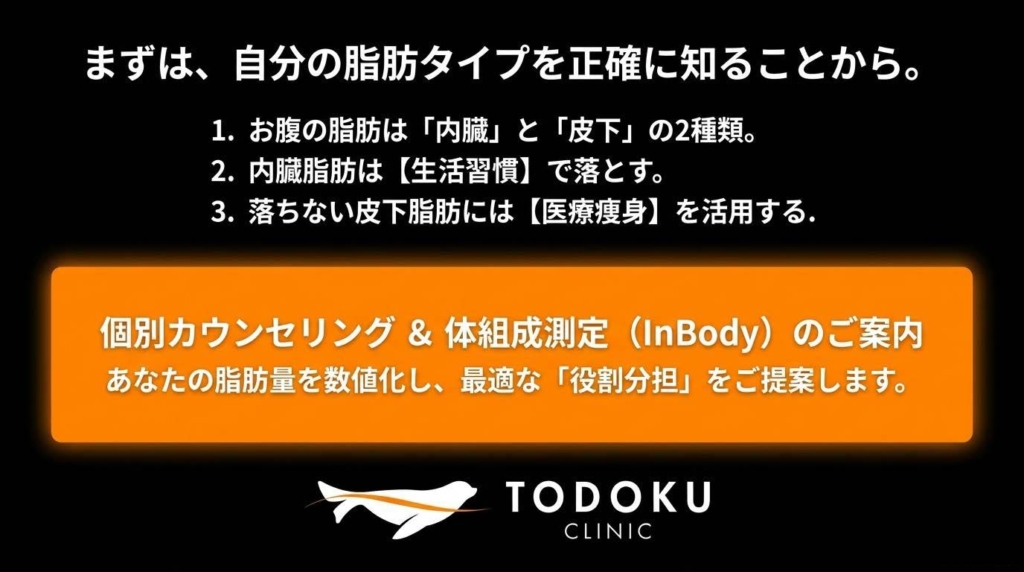 まずは自分の脂肪タイプを正確に知ることから。個別カウンセリングと体組成測定（InBody）のご案内（TODOKU CLINIC）