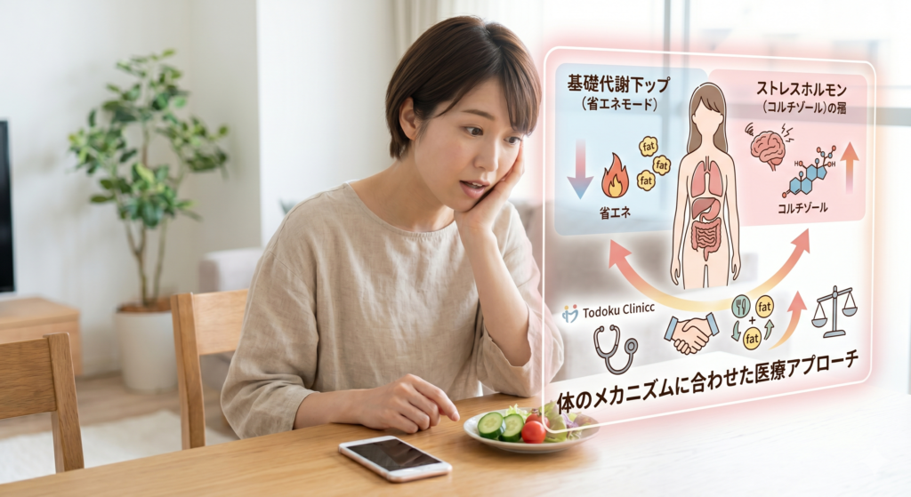 基礎代謝低下（省エネモード）やストレスホルモン「コルチゾール」による太りやすい体質のメカニズムと、トドククリニックの医療アプローチ解説図